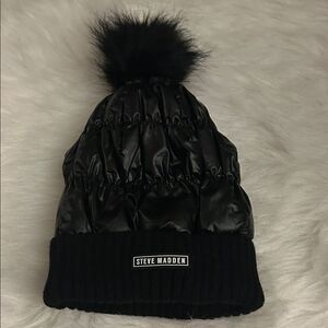 Steve Madden Shiny Black  Pom-Pom Hat